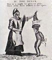 Schoolmistress with birch rod, and boy with his hands tied on his back, wearing a dunce cap.