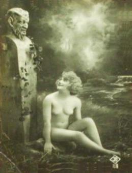 Postcard, Seated woman with a bust, 1920s