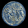 Gilt bronze mirror cover with representation of spanking in schoolroom (Roman, 1st century CE, probably from Asia Minor)