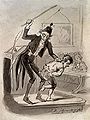 A teacher chastises a boy with a stick. Sepia cartoon by Johann Bernhard Schmelzer (c. 1850).