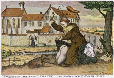 A monk punishes a nun for her wickedness in this medieval-era German illustration.