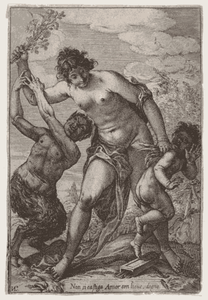 Venus uses a bunch of roses to "birch" Cupid while a satyr tries to hold her back. Engraving by Giovanni Luigi Valesio, 17th century.