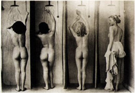 Vintage photo of women in a shower room.