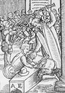 Medieval woodcut (1592) showing a school birching over a low block.