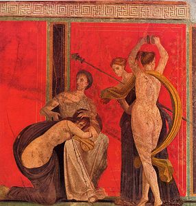 A Roman fresco from Villa dei Misteri, Pompeji. The kneeling woman who bends over the man's lap is prepared for a whipping as part of an initiation rite. The nude woman plays cymbals.