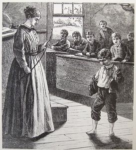 Children's book illustration from the 1880s, depicting a student taking off his jacket, facing a classroom corporal punishment with a switch at the hands of his female teacher. The other students watch the scene eagerly.