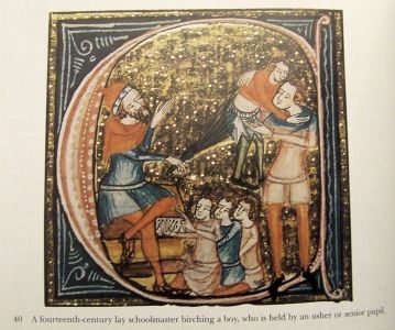 Illuminated initial by Jacobus Anglicus showing a lay schoolmaster birching a boy who is held by an usher or senior pupil. From the Omne Bonum of Jacobus Anglicus (14th century).