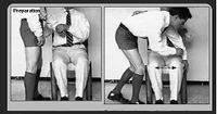 A houseboy is made to stand by the side of the seated spanker, then bent forward over the spanker's lap.]]