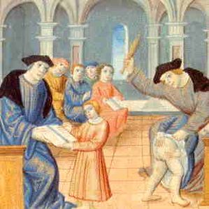 Medieval spanking (birching) illustration.