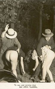 Vintage double spanking photo (M/F, M/F).