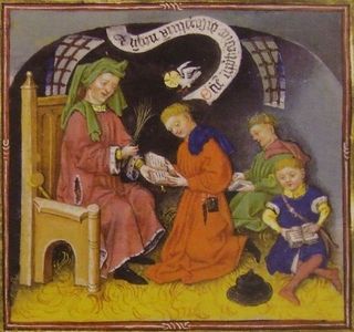 Schoolmaster and pupils, illustration from a 15th century manuscript.