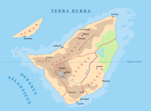 The map of Terra Rubra island where Hisharta is located (English version).