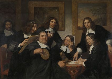 Painting of "The Governors of the Guild of St. Luke" by Dirck's brother Jan de Bray, with a portrait of Dirck upper right.