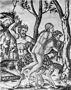 A woman horsed by two satyrs in Renaissance era engraving (c. 1500).