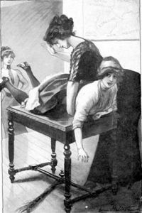 A spanking on a table, drawing by Louis Malteste.