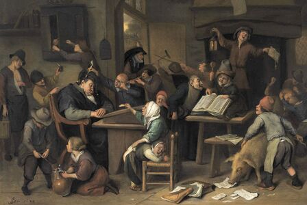 A school class with a sleeping schoolmaster, 1672.