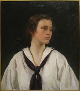 A woman wearing a middy blouse and a navy scarf, c. 1907.